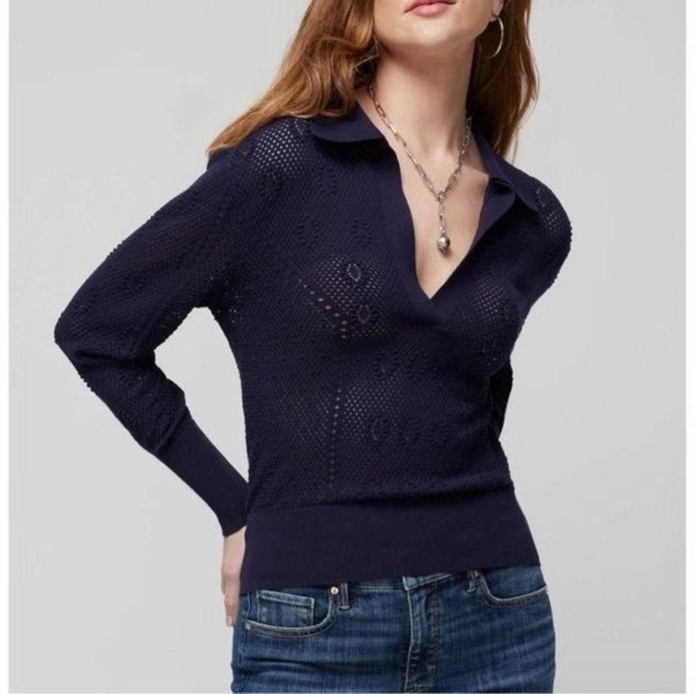 WHBM Stitchy V Neck Polo Collar Pull Over Navy Blue Size M